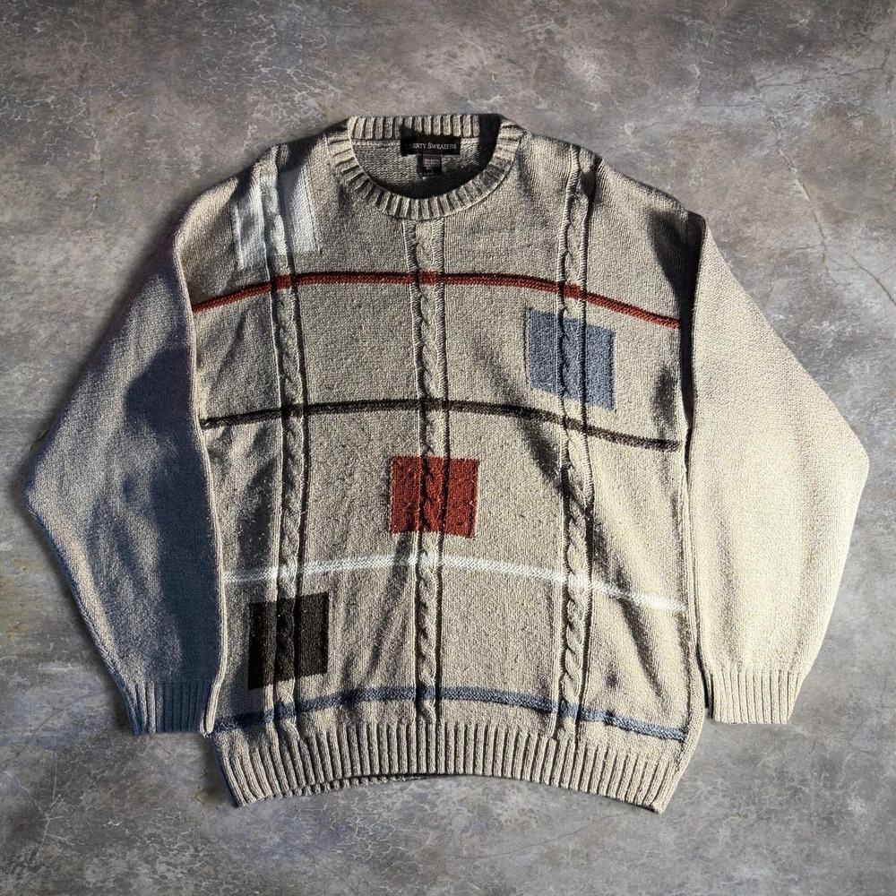 Liberty Sweaters Mens Gray Cable Knit Geometric Crewneck Sweater Large Grandpa